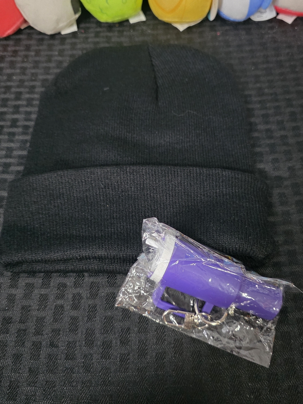 Black Knit Beanie with Purple Keychain Light